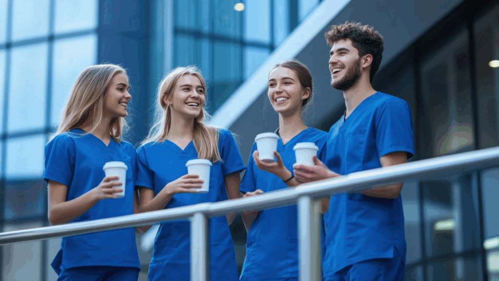 Nurses practicing mindfulness and hydration during a shift.