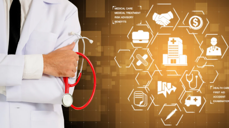 Clinician in white coat holding a red stethoscope next to digital icons representing health care data, including hospital, graphs, medical treatment, and patient care symbols.
