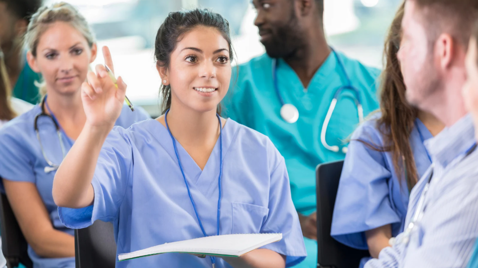 Nurses and health care professionals collaborating in a governance council meeting