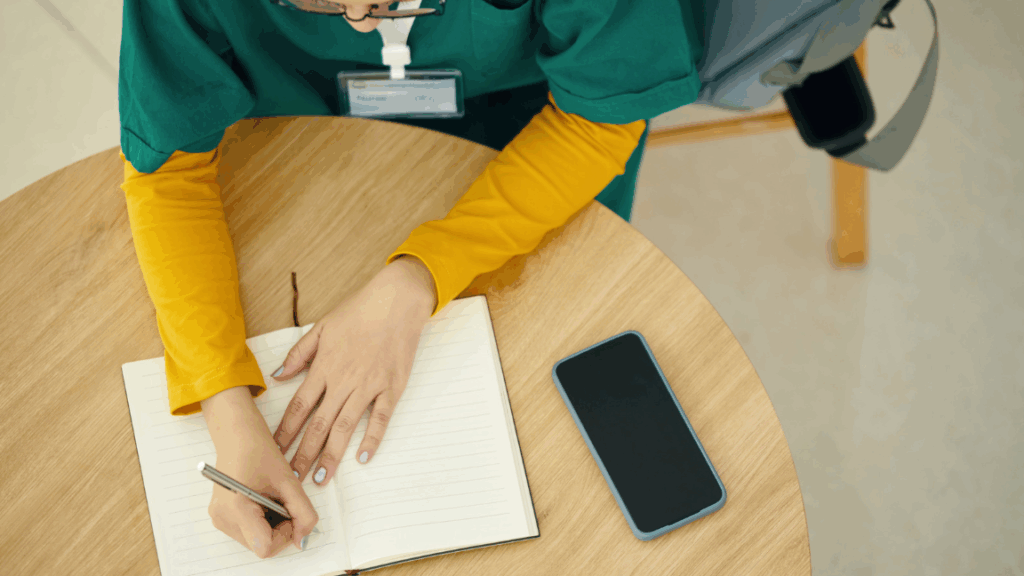 Nurse journaling to reflect on their personal values and purpose. 