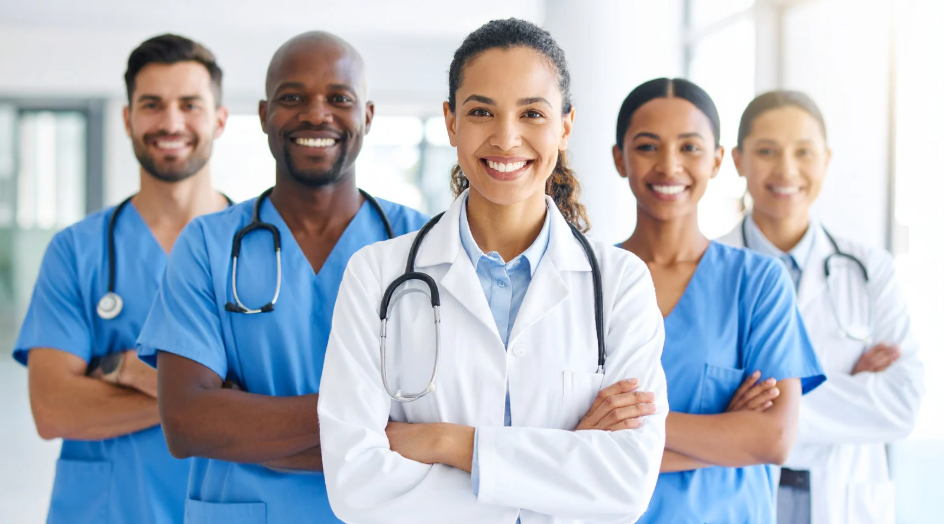 Interprofessional team demonstrating healthy relational synergy in healthcare workplace.