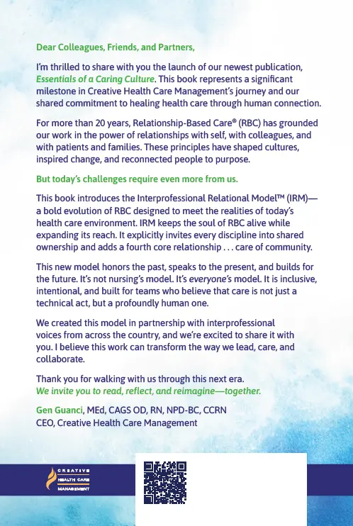 Essentials of a Caring Culture: The Interprofessional Relational Model | Back Cover | 979-8-9919149-0-1 | CHCM