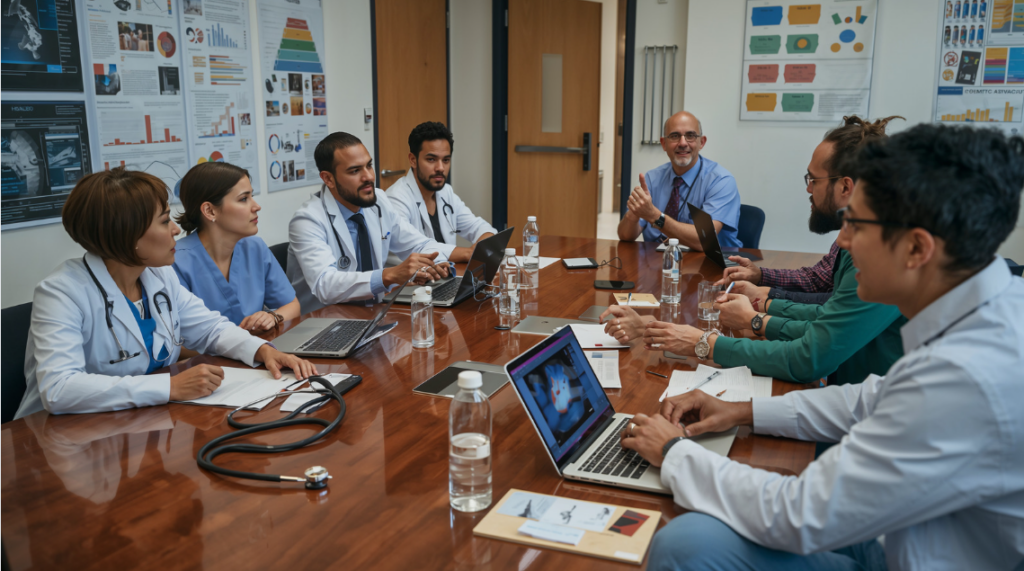 Healthcare leaders and staff collaborating through shared governance structures 