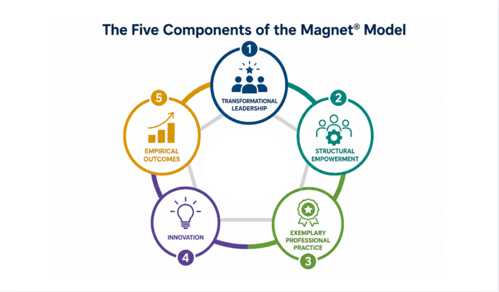 Visual representation of the five components of the Magnet® Model including transformational leadership, structural empowerment, exemplary professional practice, innovation, and empirical outcomes. 
