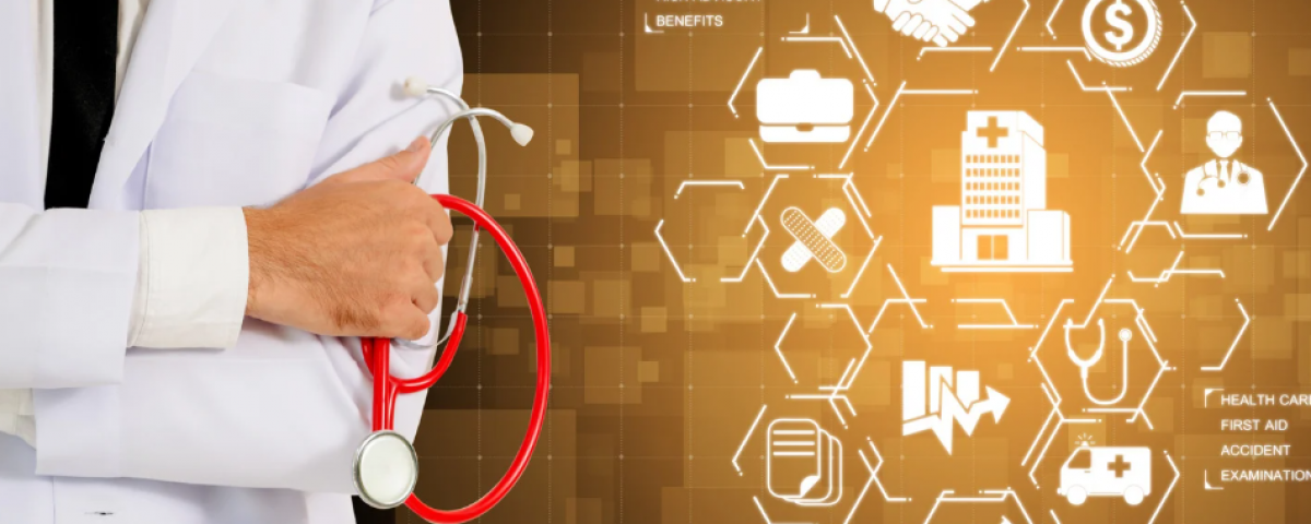 Clinician in white coat holding a red stethoscope next to digital icons representing health care data, including hospital, graphs, medical treatment, and patient care symbols.